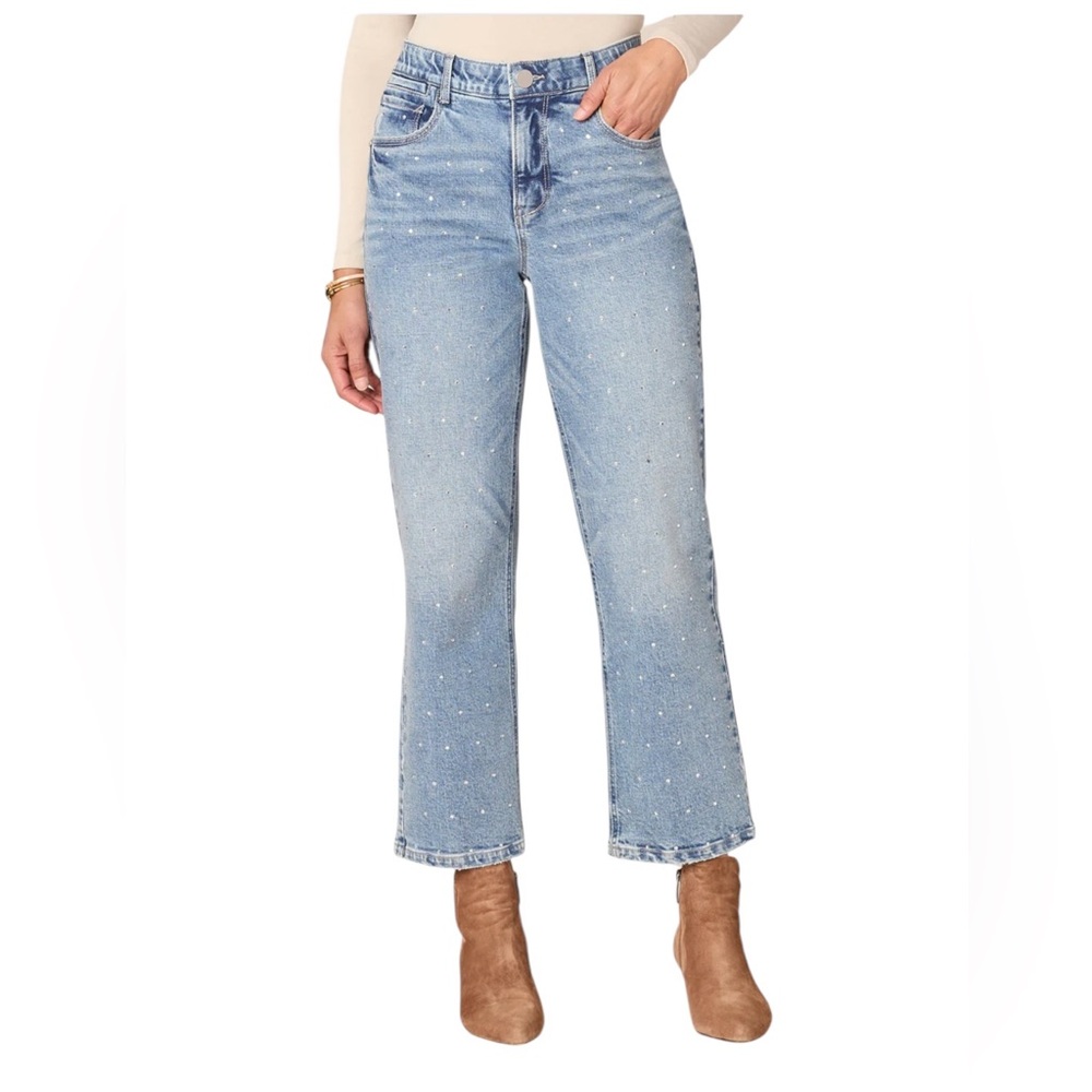 Democracy Light Blue High-Rise Boyfriend Allover Rhinestone Round Up Jeans SZ 10